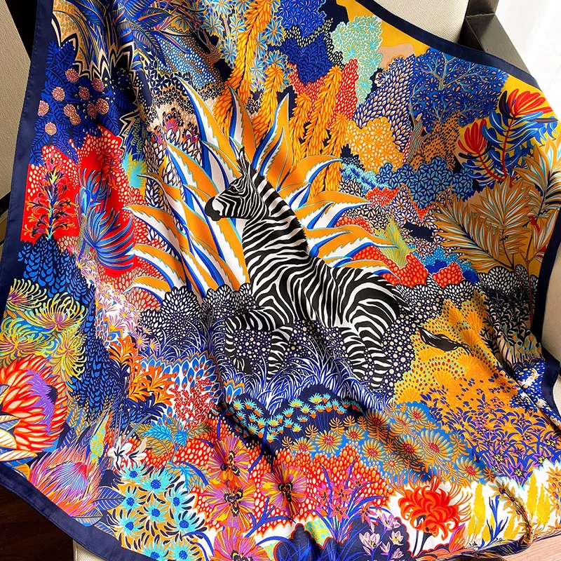 2021 Fashion New Women Silk Square Scarf Vintage Flower Zebra Printed Colorful Pashmina Sun Protective Elegant Dress Neck Wrap