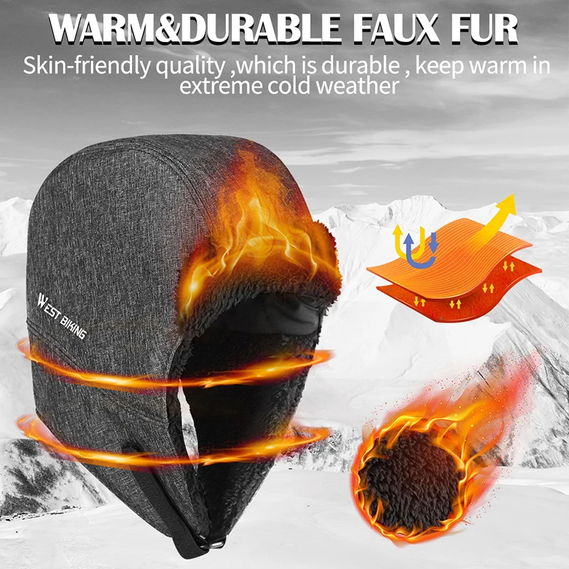 WEST BIKING Winter Bomber Hat Thicken Warm Skiing Fishing Hiking Cap Windproof Men Women Hat With Ear Muffs Bike Cycling Caps