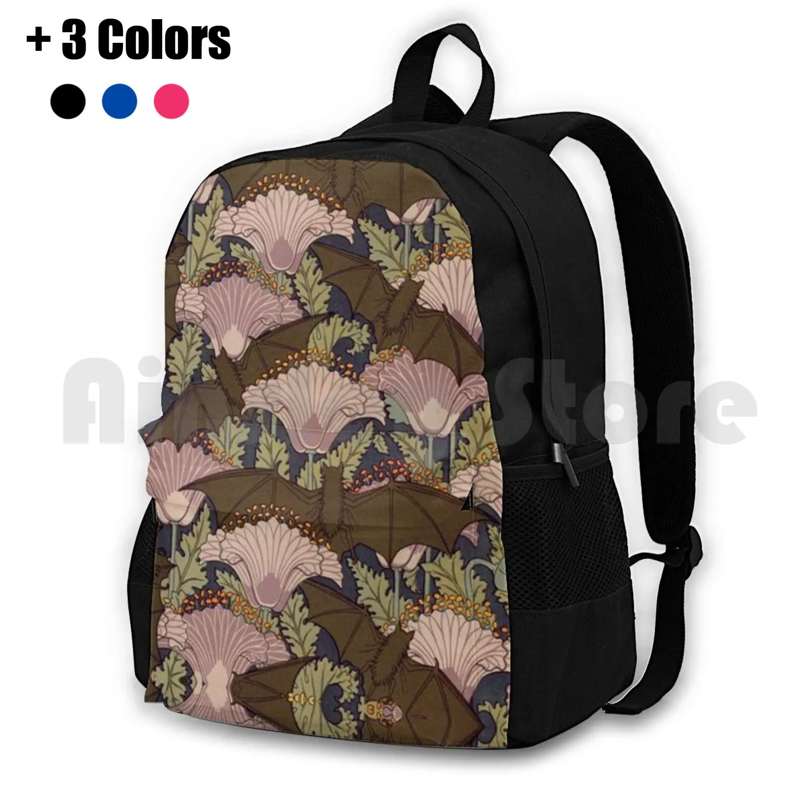 Vintage Art Deco Bat And Flowers Outdoor Hiking Backpack Waterproof Camping Travel Bat Bat Design Bat Designs Bat Pattern Bat