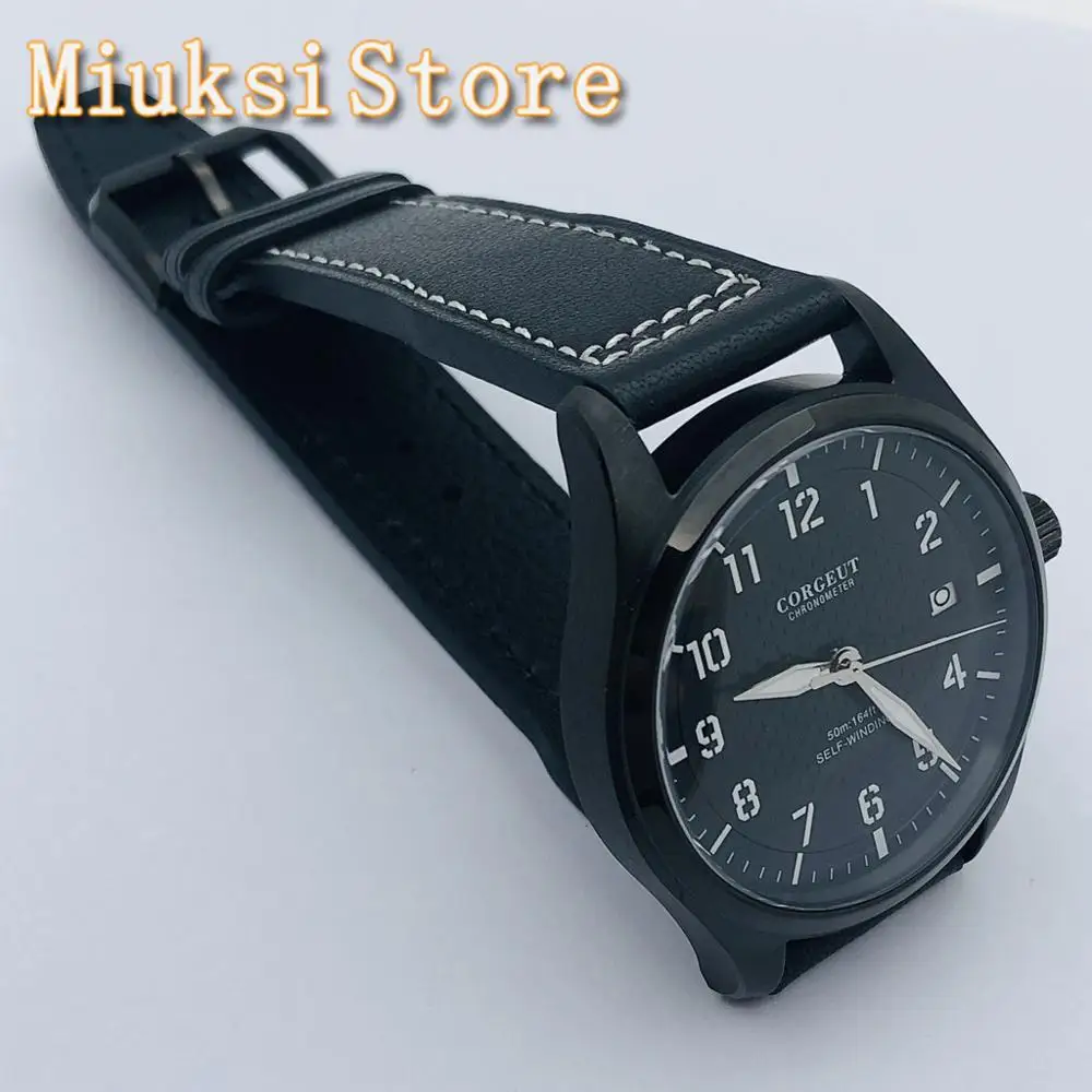 CORGEUT 40mm Black PVD Case Brown Sterile Dial Luminous Waterproof Leather Strap 24 Jewels NH35 Movement Men\'s Automatic Watch