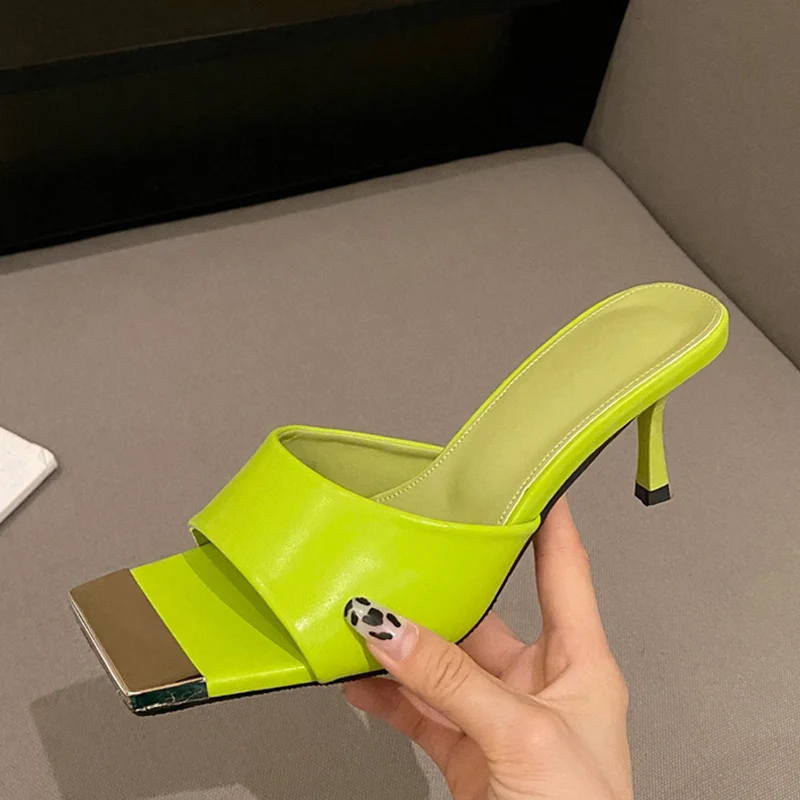 Low Thin High Heels Women Green Leather Slippers Fashion Metal Decoration Square Toe Summer Sandals Slides Shoes Pumps Size35-39