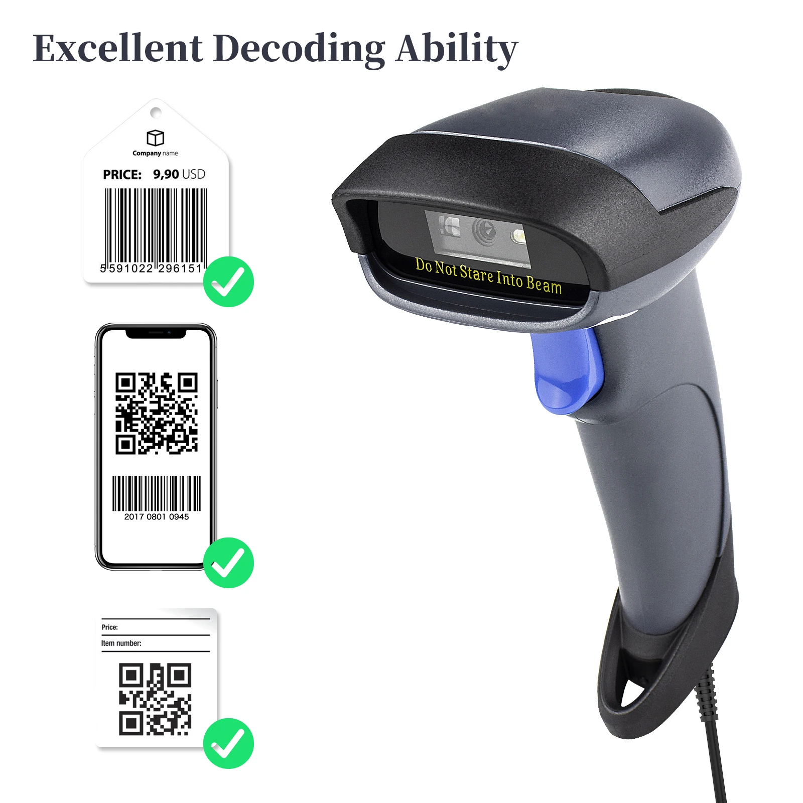 Radall 2D Barcode Scanner with Stand USB 2.0 Wired Barcode Imager Automatic Barcode Reader Handhold Scanner Gun with USB Cable f