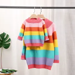 Winter Rainbow Family Christmas Sweaters Mother&Daughter Hoodies Clothes Stripe Children's Bottoming Shirt Kids Sweatshirt Gift