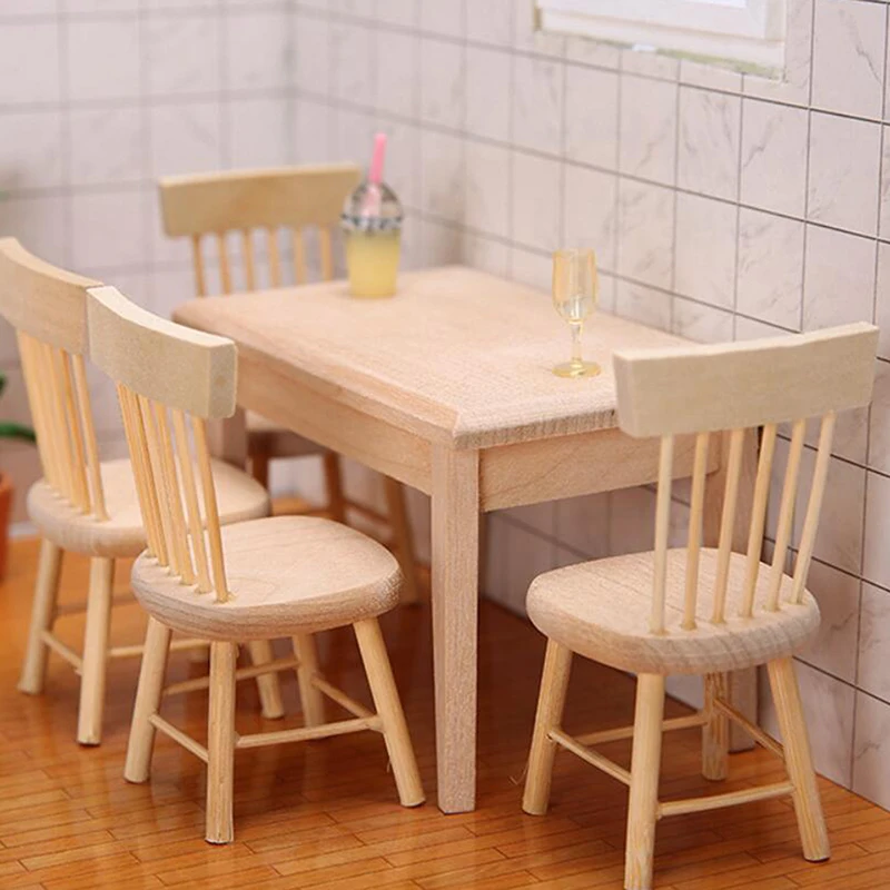 Muebles de casa de muñecas en miniatura, mesa de comedor de madera, silla de juguete de simulación, 1/12