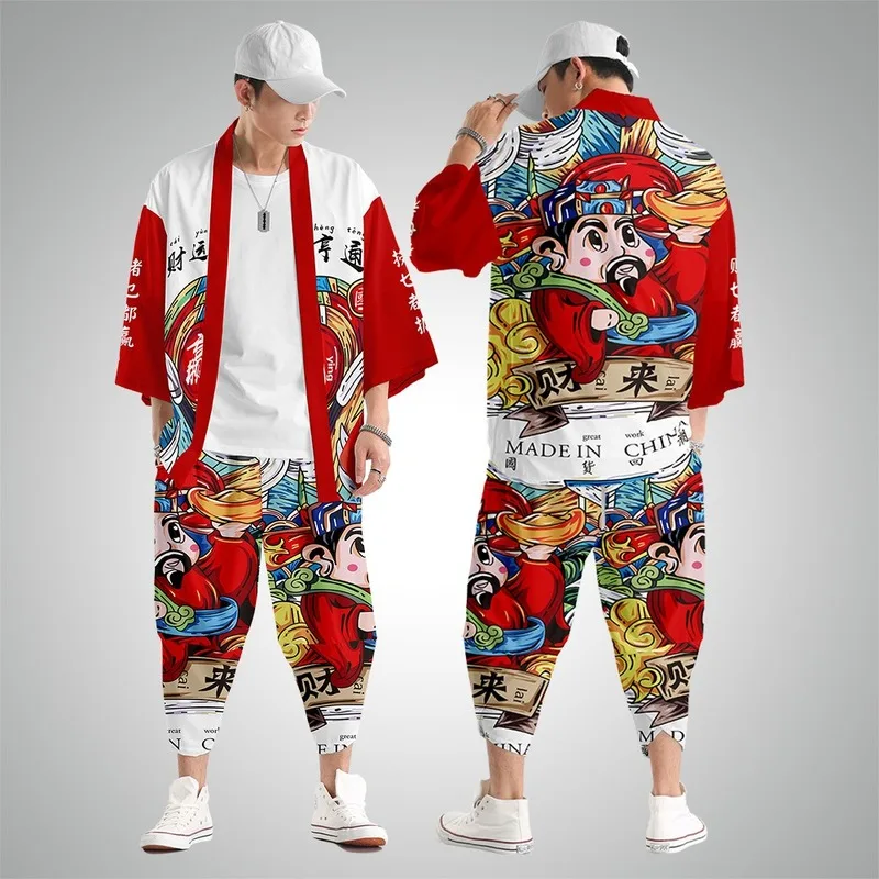 

Fashion Japanese Kimono Cardigan Harem Pants Chinese Style Men Print Coat Robes Tops Trousers Harajuku Oriental Clothing Set