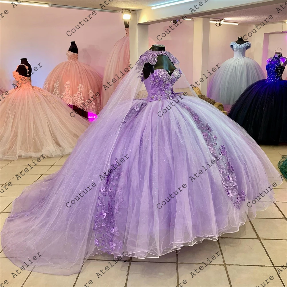 Vestidos Quinceanera roxo claro com capa, Vestido de baile 3D, Vestidos de baile formais, Lace0 Up Sweet 16 Dress, 15 anos