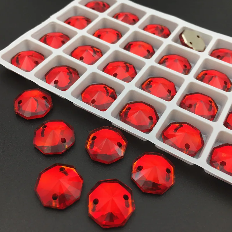 14mm 28 pcs Round Octagon Sew On Stones Siam Red With 2 Holes Flatback Sewing Rhinestone For DIY Dress Jewelry