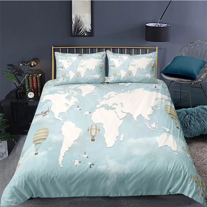 Cartoon Bedding Set World Ocean Map Printed Quilt Cover Pillowcase No Bed Sheet Queen King 2/3Pcs Comfortable Kids Duvet Cover