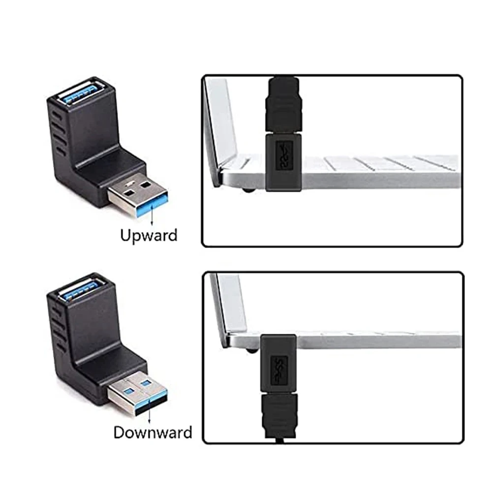 2 Pack USB 3.0 Male to Female Adapter Extension 90 Degree Right Angle Adapter Plug End Points UP Down USB Extender Connector