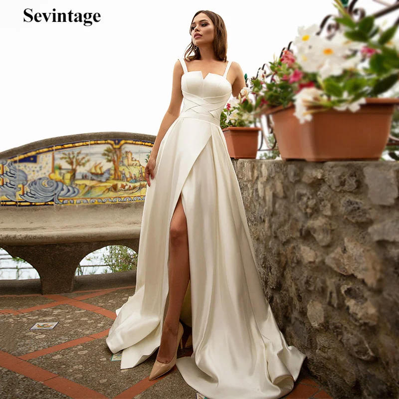 Sevintage Bohemia Satin Wedding Dresses Simple Sexy High Split Beach Bride Gown Corset Princess Wedding Party Dress 2021