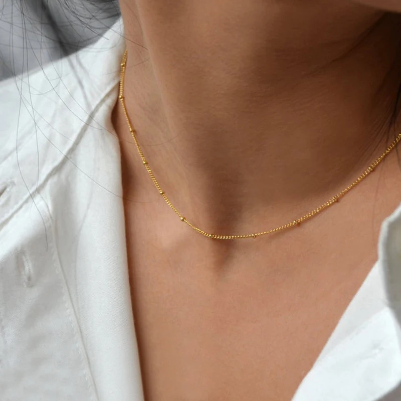 Satellite Chain Necklace Stainless Steel Gold Color Beads Chain Link Choker Necklace for Women Girls