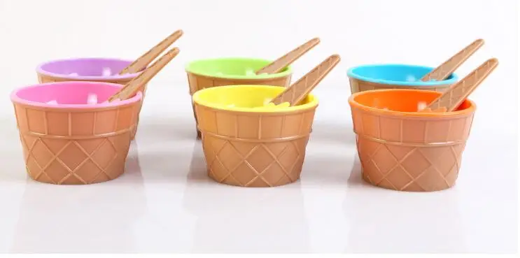 Nieuwe Leuke Kinderen Servies Set Baby Ijs Vorm Kom Lepel Plastic Kom Dessert Lepels Container Set Ijs Cup