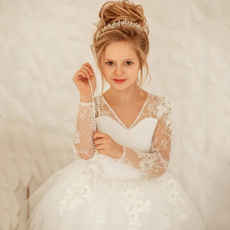 Eightree Weiß Spitze Blume Mädchen Kleid Für Hochzeit Party Perlen Mädchen Erste Heilige Kommunion Kleider Mädchen Für Besondere Anlässe Kleid