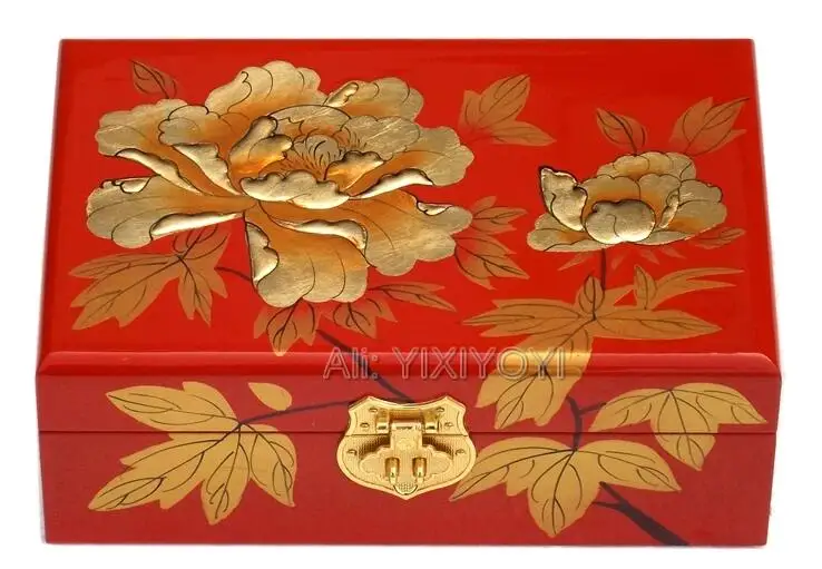 

Retro Ancient Handwork 2 Layer Wood Jewelry Box Chinese Flower MuDan Storage Box with Mirror Gorgeous Collection Box Carry Case