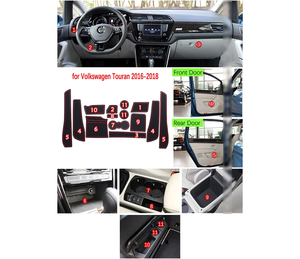 for VW Volkswagen Touran MK2 2016 2017 2018 2019 2020 Rubber Anti-slip Mat Door Groove Cup pad Gate slot Coaster Car Accessories