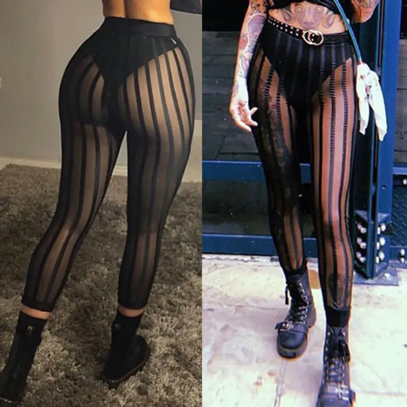 Hot Sexy Lưới Sọc Quần Legging Nữ Sọc Lưới Góc Nhìn Quần Dài TớI GốI Ôm Quần Câu Lạc Bộ Khi Mặc