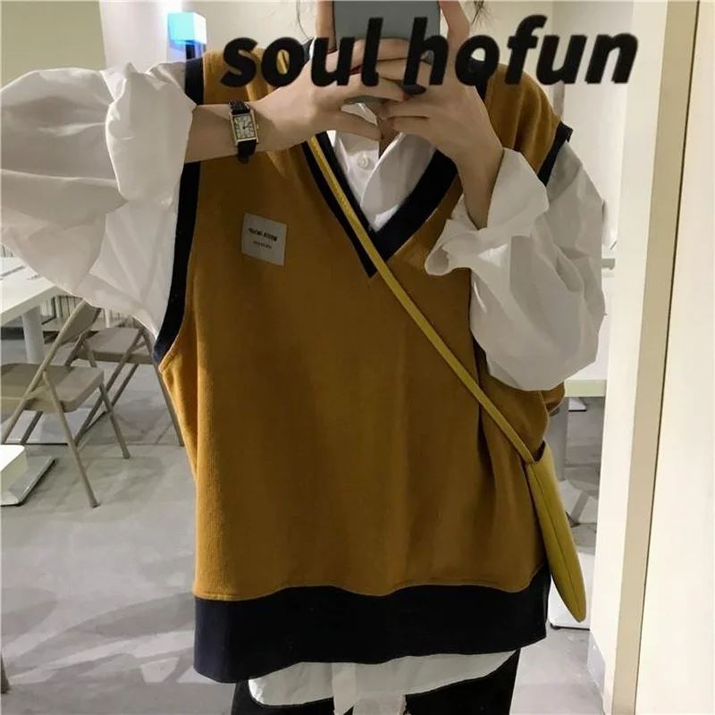 Sweater Vest Women Preppy Style All-match Minimalist Korean Version Autumn Newest Daily Cozy V-Neck Baggy Patchwork Sweet Girls