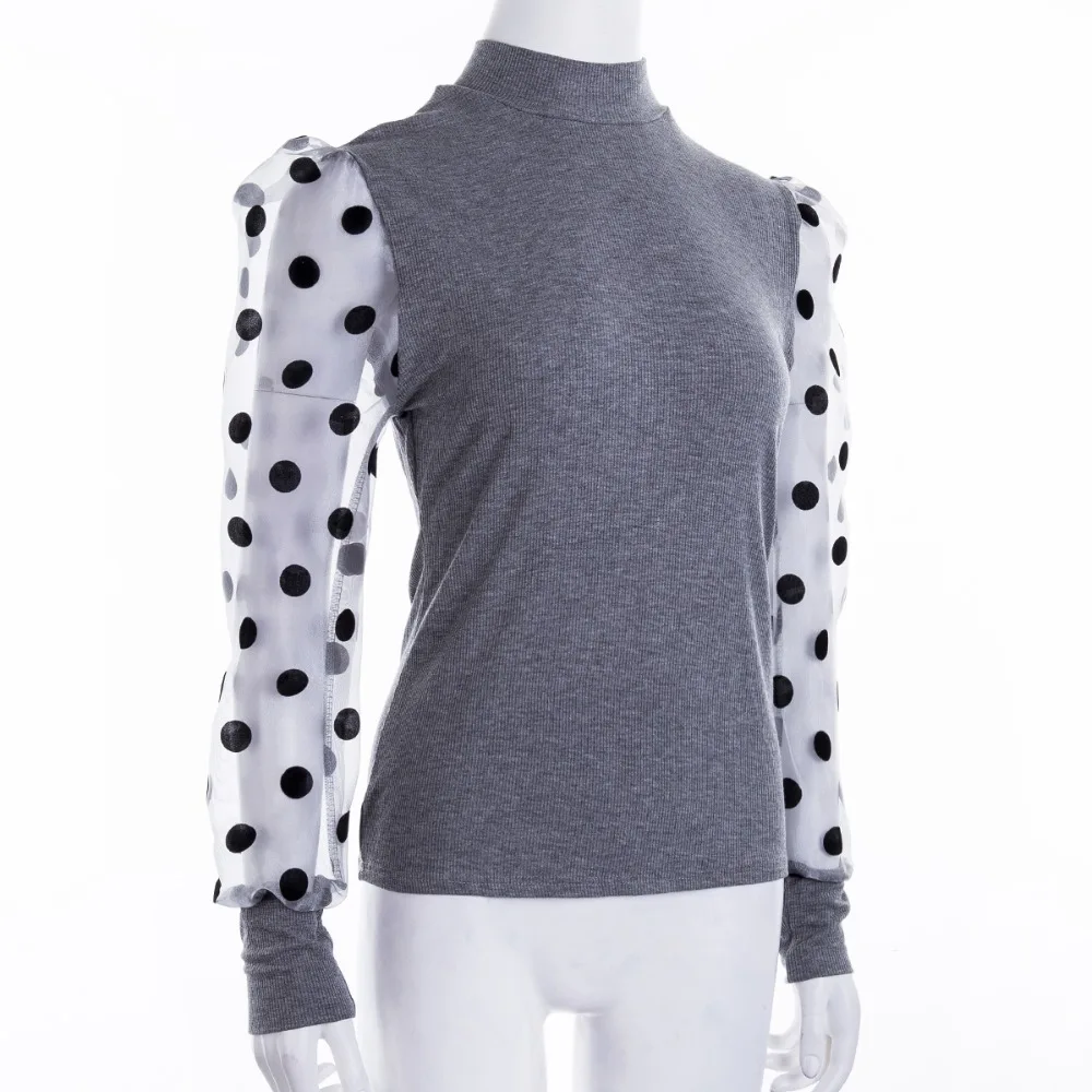 Women Spring Mesh Puff Long Sleeve Ribbed Knitted Shirt Loose Casual Polka Dots Blouse Tops Elegant Turtleneck Party Clubwear