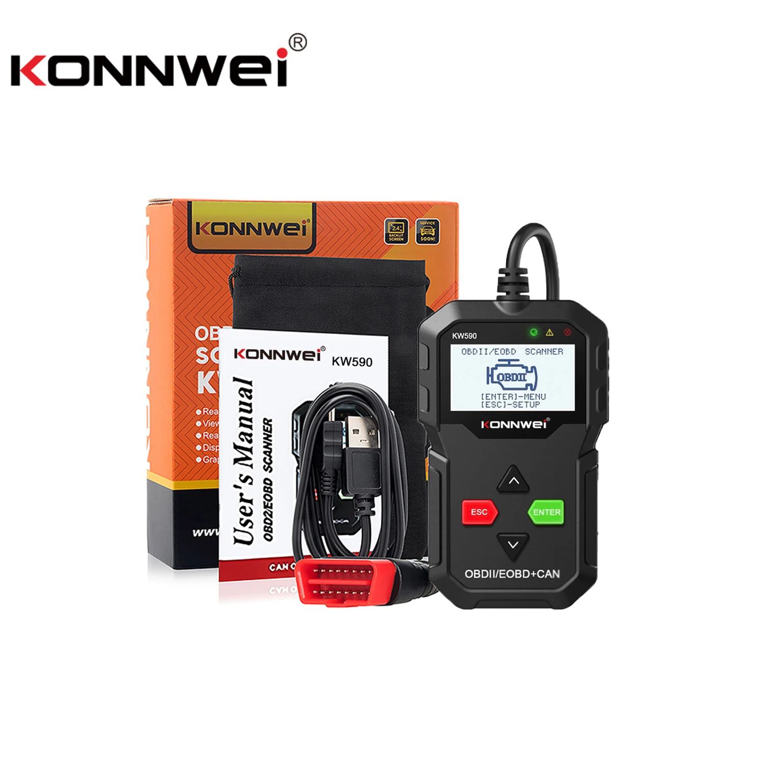 KONNWEI OBD II Code Reader KW590 OBD2 Diagnostic Scanner Wired Auto FULL ENGINE SCAN TOOL