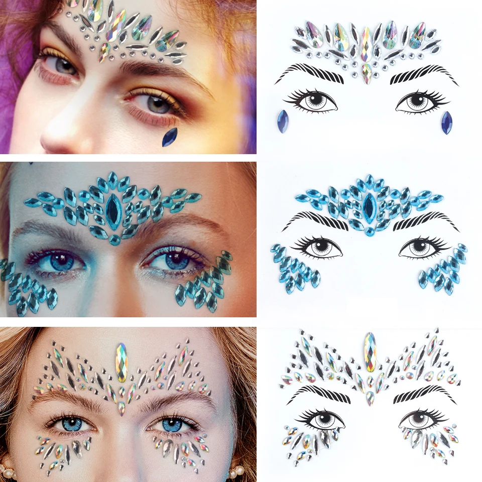 Face Metallic Temporary Tattoo Sticker,  Face Gems Mermaid Jewels Rave Crystal Gems Eye Body Face Stickers for Festival Party