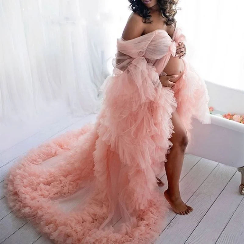 

2022 Pink Pregnant Women's Prom Dress Maternity Ruffles Robes for Photo Shoot or baby shower African Plus Size Robe