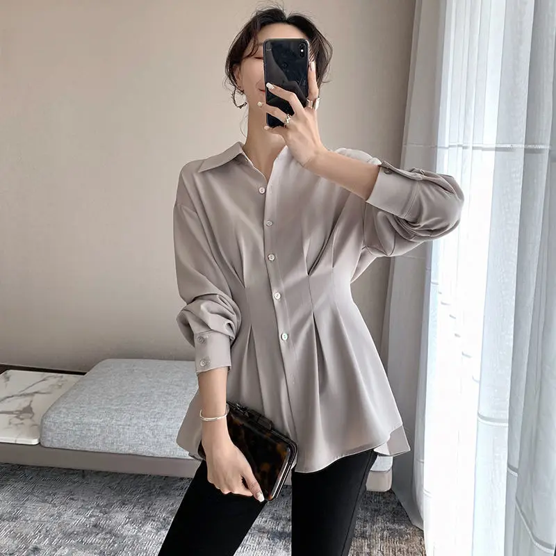 Office Lady Shirt 2021 Elegant Fashion Chiffon Blouse Long Sleeve Solid Color Pleated Slim Waist Collar Tops Temperament Clothes