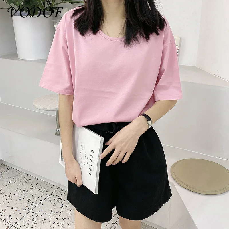 

VODOF T-shirt solid color basic T-shirt ladies casual O-neck Harajuku summer top Korean fashion white T-shirt