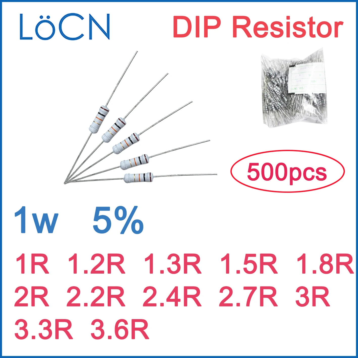 Resistor DIP de película de carbono, 500 Uds. 5% 1W 1R 1.2R 1.3R 1.5R 1.8R 2R 2.2R 2.4R 2.7R 3R 3.3R 3.6R OHM Color ring