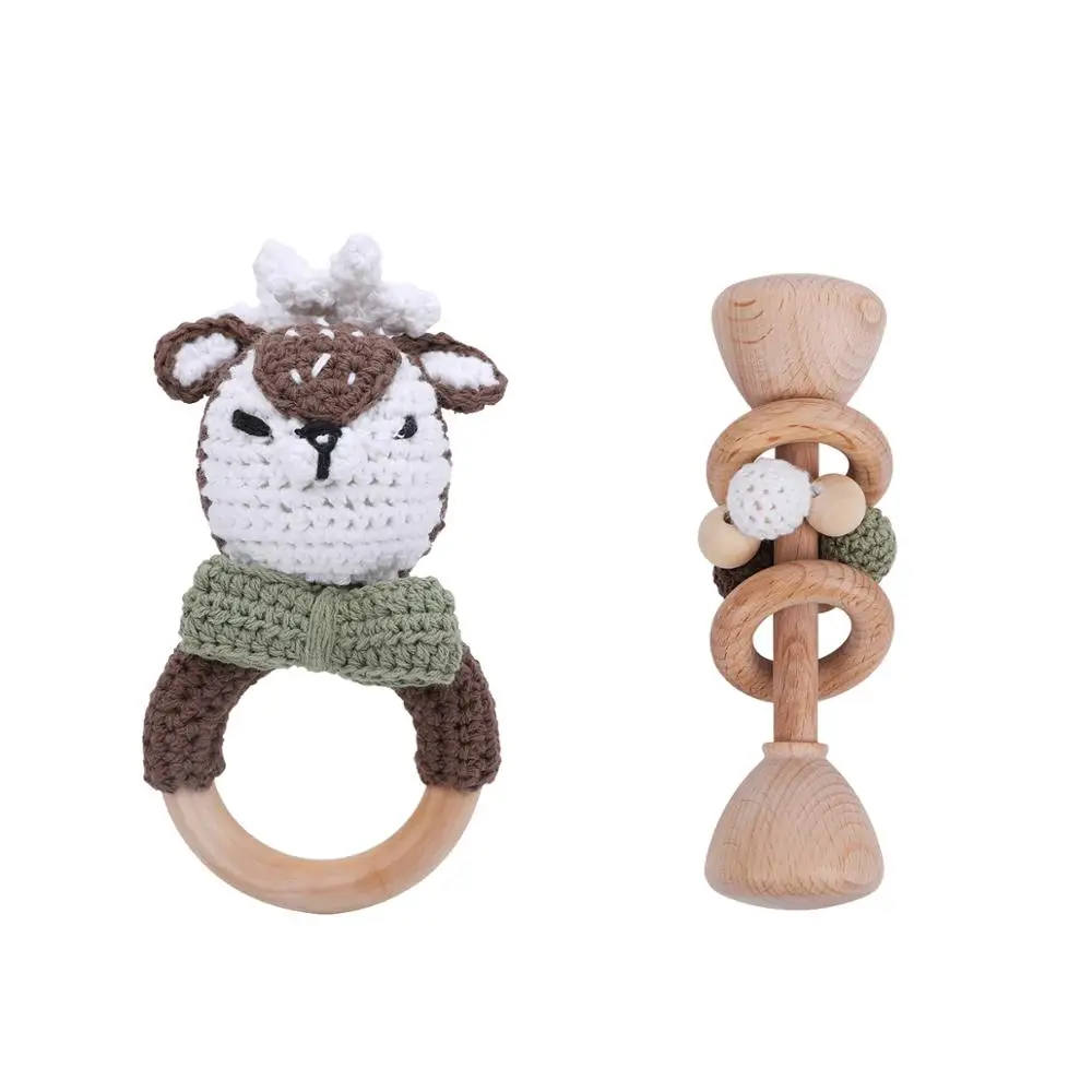 Let's Make 2pcs Wooden Baby Toys Set Wooden Beads Woven Wood Ring Kit Gym Wood Animal Rattles Wooden Teether BPA Free Kids Toys