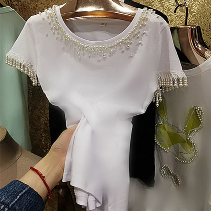 

Pearl Heavy Industry summer Beaded Pearl Tassel t-shirt women short sleeve Cotton top tees 6XL