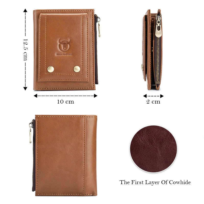 BULLCAPTAIN New Small Wallet Genuine Leather Wallets Coin Purse Quality Short Male Money Bag Rifd Hardware Pull Card Walletes