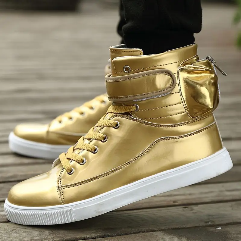 

GOLD Color Hip Hop Justin Boots Men White Leather Dance Shoes Platform High Men High Tops Sapatos Masculinos