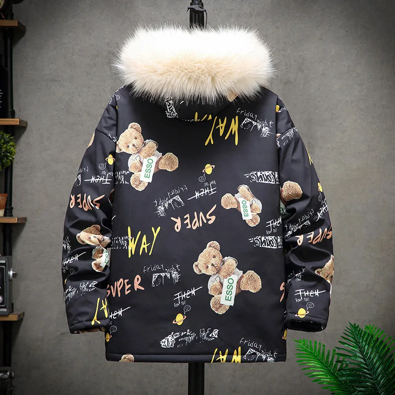 2020 Winter Men\'s Parka Hooded Fur Collar Bear Prined Thicken Warm Wind-proof Fashion Novelty Outwear Male Cotton Coat