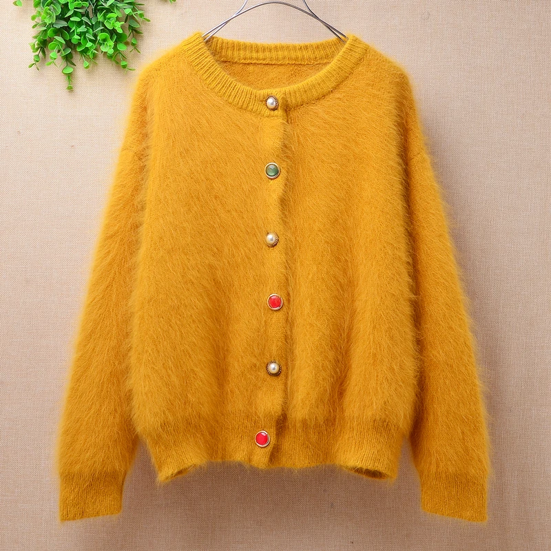 

ladies women fashion winter warm short style mink cashmere beading button loose cardigans angora rabbit fur jacket coat sweater