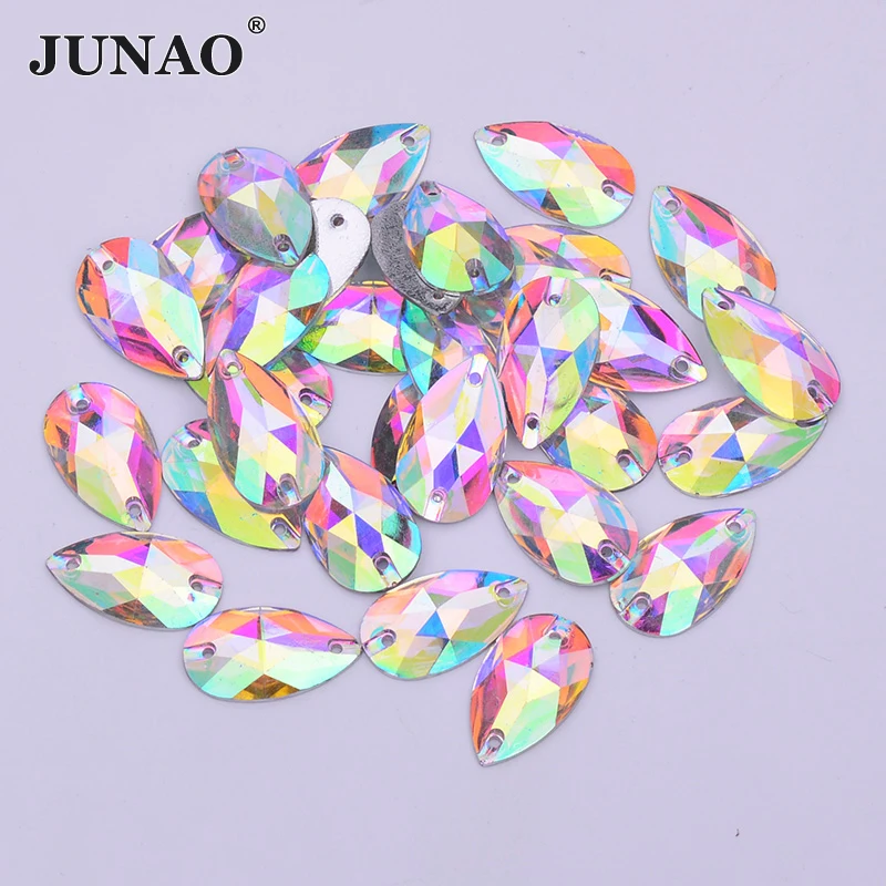 JUNAO 20Pcs 17*28mm Blue AB Sewing Drop Rhinestone Flat Back Strass Crystal Stones Sew On Resin Stones Applique for Colthes