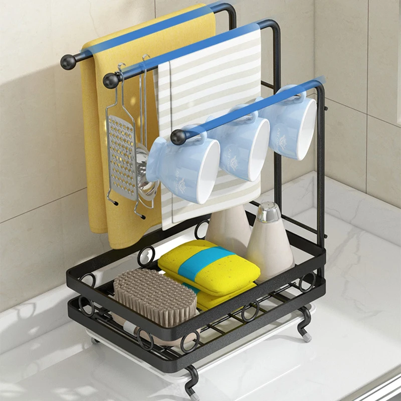 Iron Painted Kitchen Sink Drain Rack Stand Wall Mounted Rag Sponge Storage Accessories Organizer Tools Gadget Container Shelf