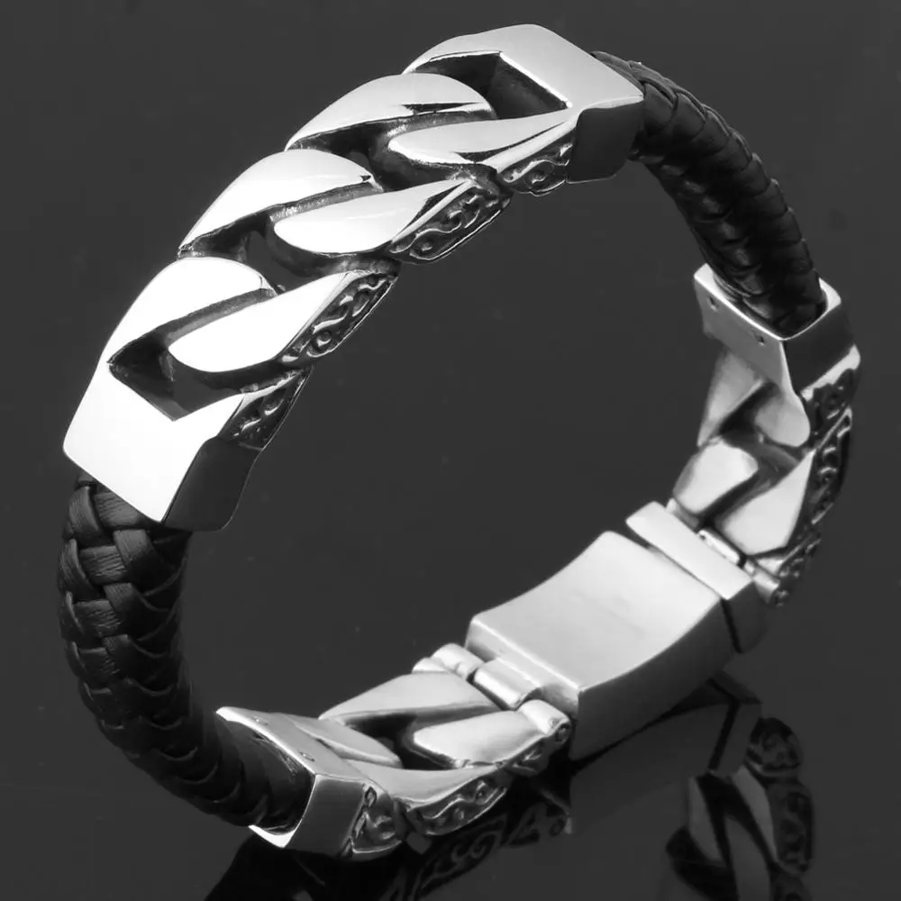 Perfect Technology Vintage Black Leather Silver Color Charming Men Boy Bracelet Cuff Jewelry Stainless Steel Gift