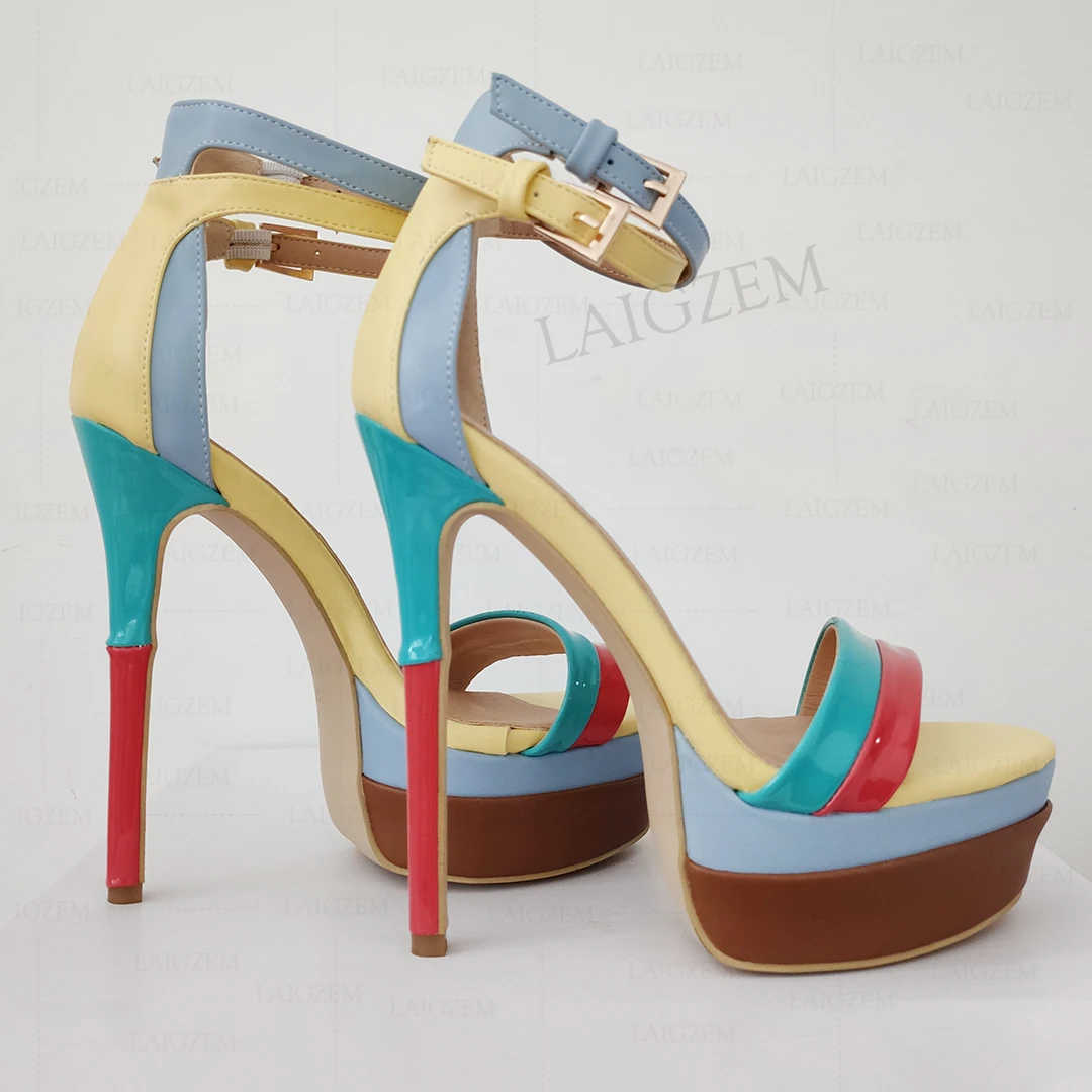 LAIGZEM SUPER Women Platform Sandals Rainbow Colorful Thin Heels Pumps Ladies Party Wedding Shoes Woman Plus Size 41 44 50 52