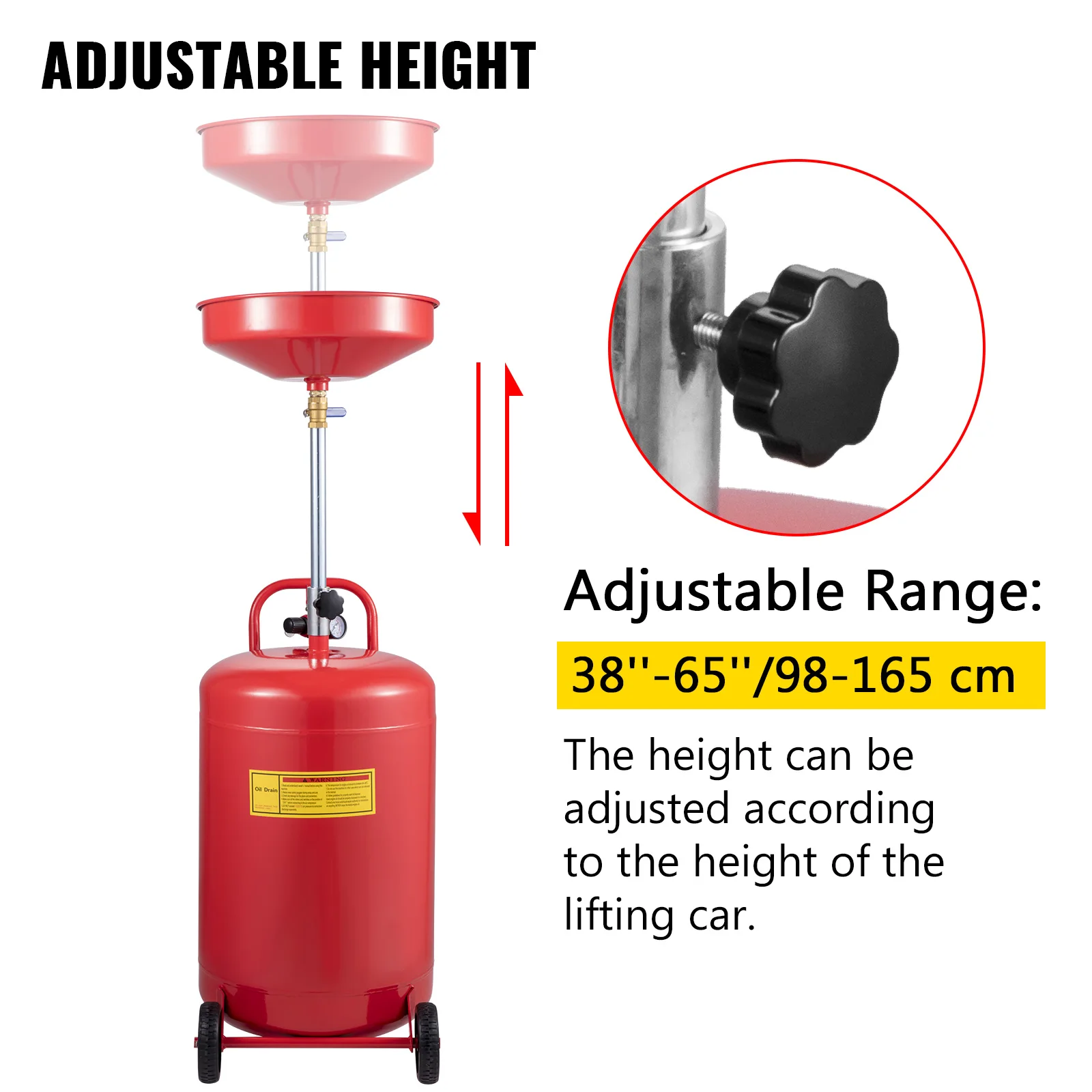 VEVOR 20Gal / 80L Waste Oil Drain Tank Air Operated Height Adjustable with Accurate Pressure Gauge Hose and Funnel Swivel Wheels