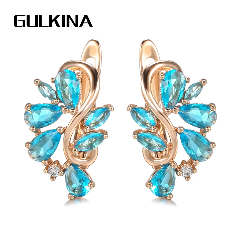 

Gulkina Hot Natural Blue Zircon Stud Earrings for Women 585 Rose Gold Crystal Flower Earrings Vintage Wedding Jewelry