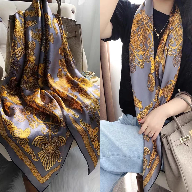 Fashion Grey Gold 100% Natural Silk Women's Scarf Bandana Top Grade Autumn Square Scarves Hijabs Winter Brand Headscarf Foulard