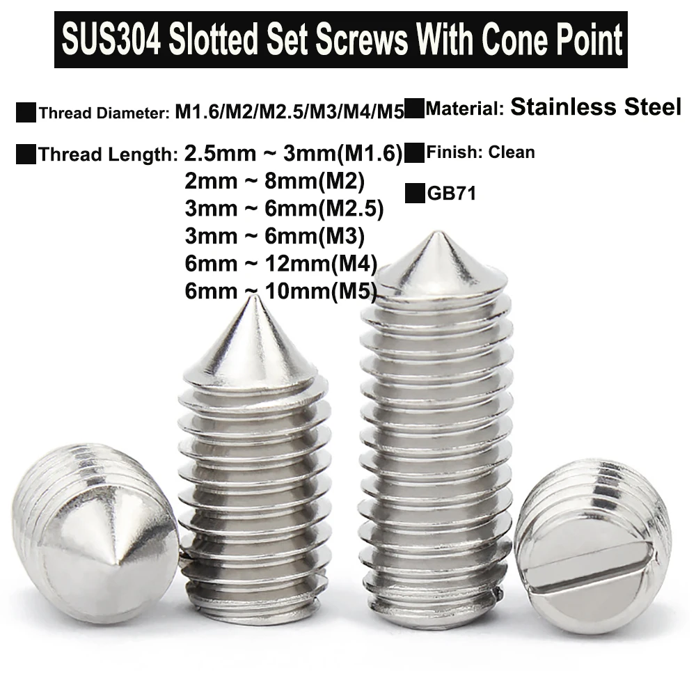 

10 шт. M1.6/M2/M2.5/M3/M4/M5 SUS304 набор шлицевых винтов из нержавеющей стали с конусной точкой GB71 Безголовый винт