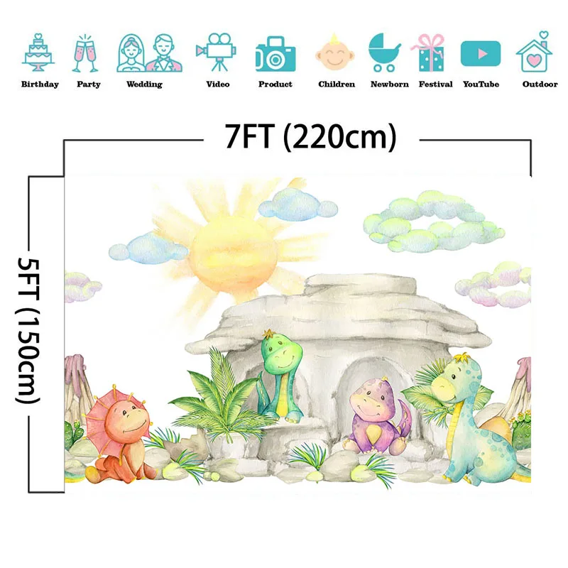 การ์ตูนไดโนเสาร์เด็กทารกฉากหลังSun Green Leaf First Birthday Partyอุปกรณ์ตกแต่งพื้นหลังสำหรับถ่ายภาพ