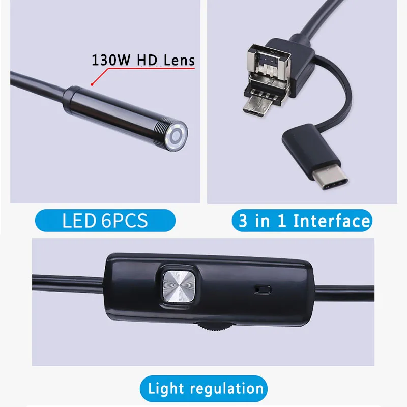 Cámara endoscópica USB 3 en 1, 7MM, Cable duro/suave de 1/2/5M, resistente al agua IP67, cámara Snake con 6 Led para Windows, PC, Android e IOS