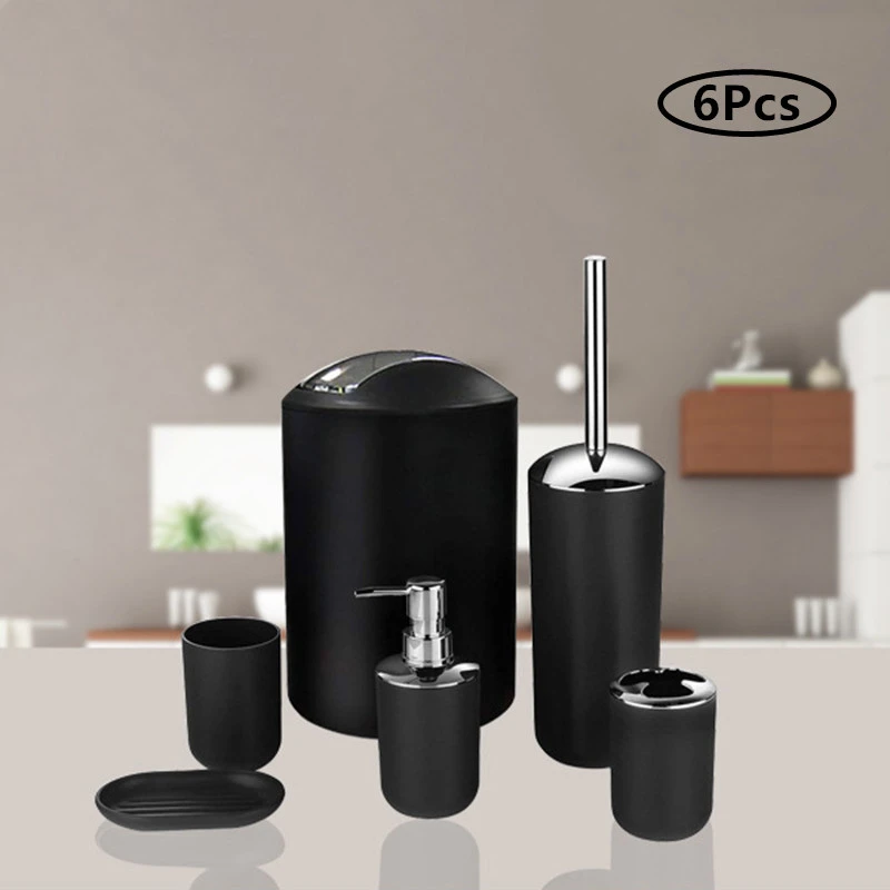 6Pcs Bathroom Accessories Set Bath Ensemble Soap Dish Trash Can Toilet Brush Tumbler Cup Necessities Kit Bathroom Accessories