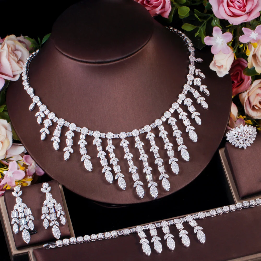 

CWWZircons 4Pcs Long Dangle Drop Tassel Cubic Zirconia Bridal Jewelry Set Luxury Dubai Nigerian CZ Wedding Costume Necklace T527