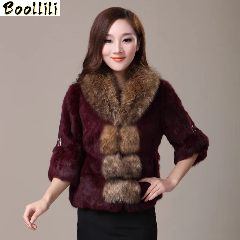 

Genuine Boollili 2023 Rabbit Fur Coat Women Full Pelt Rabbit Fur Jacket Female Large Real Raccoon Fur Collar Winter Outwear