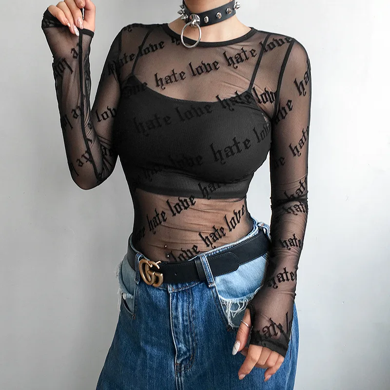 Sexy Frauen Mesh T-Shirts Durchsichtige Perspektive T-shirt Brief Gedruckt O Hals Transparent Langarm T Shirt Tops Frauen