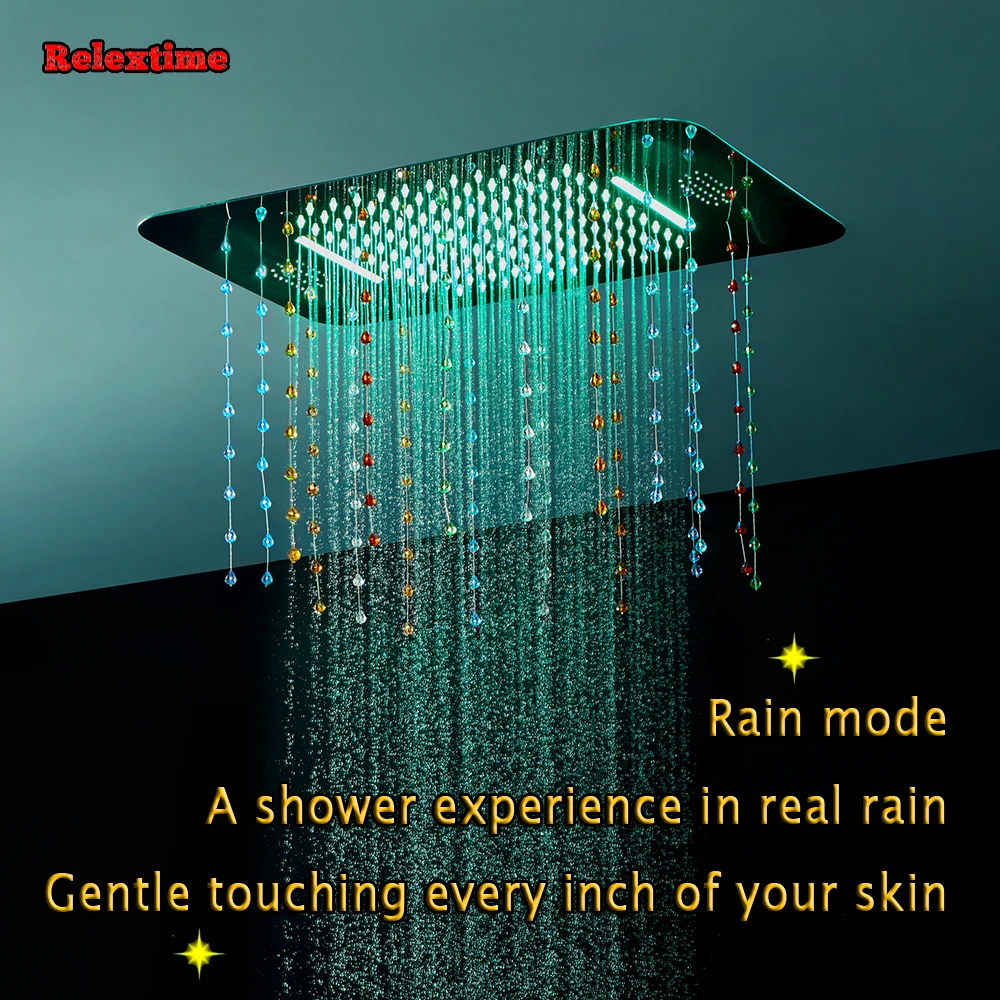 Crystal Pendant Speaker System LED Ceiling Shower Head Bathroom Shower Set Faucet Thermostatic Concealed Mixer Shelf Massage Jet