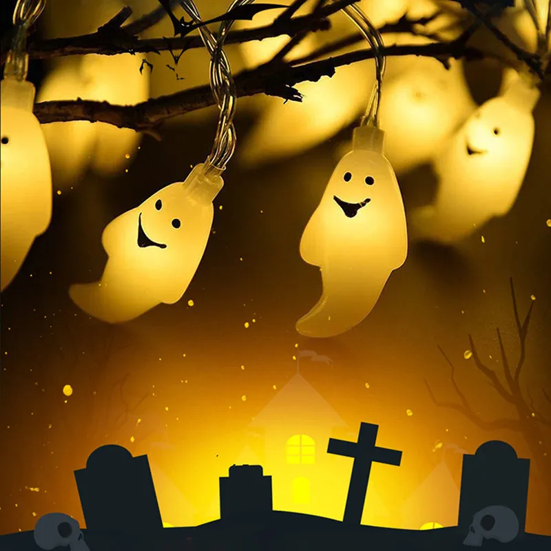 LED Solar Battery Powered Ghost Halloween Fairy Lights Garden String Lights Outdoor Waterproof Garland Holiday Party Decoration